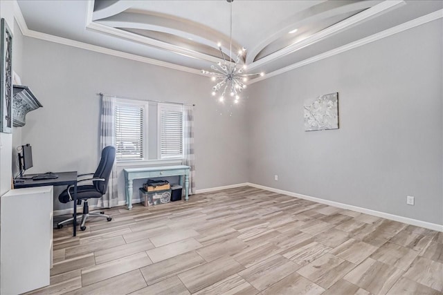 office featuring ornamental molding, baseboards, a chandelier, wood finish floors, and lofted ceiling