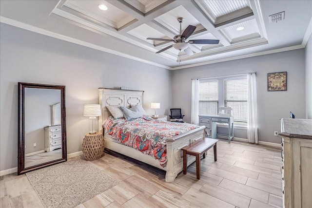 bedroom with coffered ceiling, baseboards, beamed ceiling, ornamental molding, and a ceiling fan
