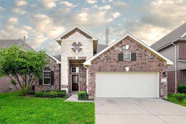 8919 Inglebrook Ln, Houston, TX 77083 - french provincial home featuring concrete driveway, brick siding, a garage, and a front lawn