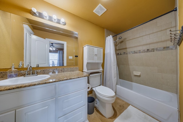 8606 Argentina St, Jersey Village, TX 77040 - bathroom with toilet, vanity, shower / bathtub combination with curtain, tile patterned flooring, and a ceiling fan