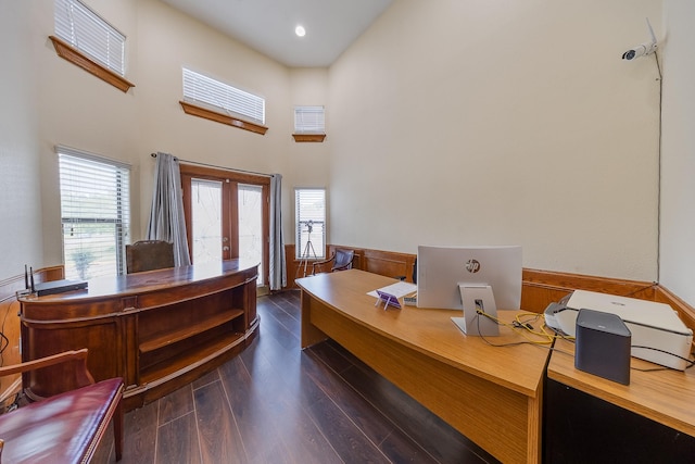 8606 Argentina St, Jersey Village, TX 77040 - office area with french doors, a high ceiling, a wainscoted wall, and dark wood-type flooring