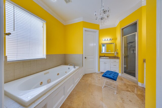 8606 Argentina St, Jersey Village, TX 77040 - full bathroom with a stall shower, a tub with jets, vanity, ornamental molding, and a chandelier