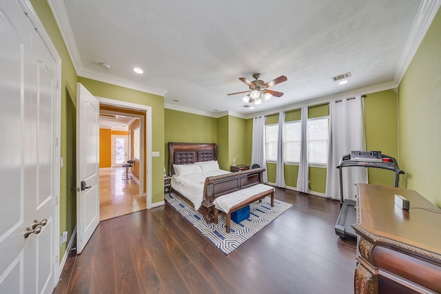 8606 Argentina St, Jersey Village, TX 77040 - bedroom with recessed lighting, wood finished floors, baseboards, ornamental molding, and ceiling fan