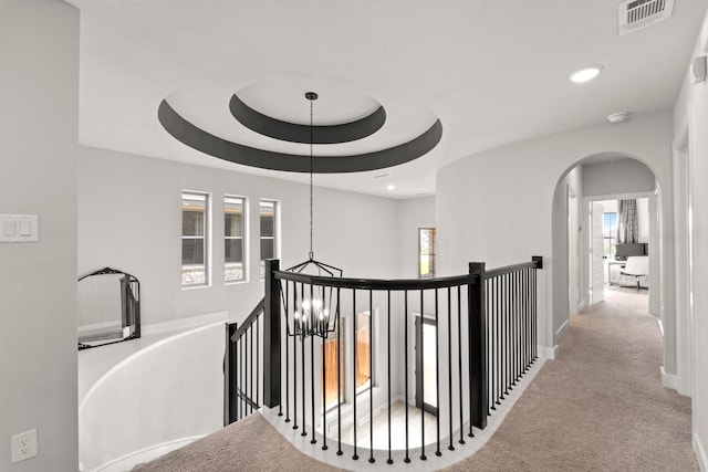 7010 Grassland Vista Ln, Katy, TX 77493 - hallway with an upstairs landing, a chandelier, carpet, healthy amount of natural light, and recessed lighting