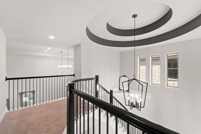 7010 Grassland Vista Ln, Katy, TX 77493 - corridor featuring a chandelier, an upstairs landing, carpet flooring, and recessed lighting
