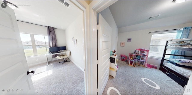 7010 Grassland Vista Ln, Katy, TX 77493 - bedroom with carpet floors, a desk, and lofted ceiling