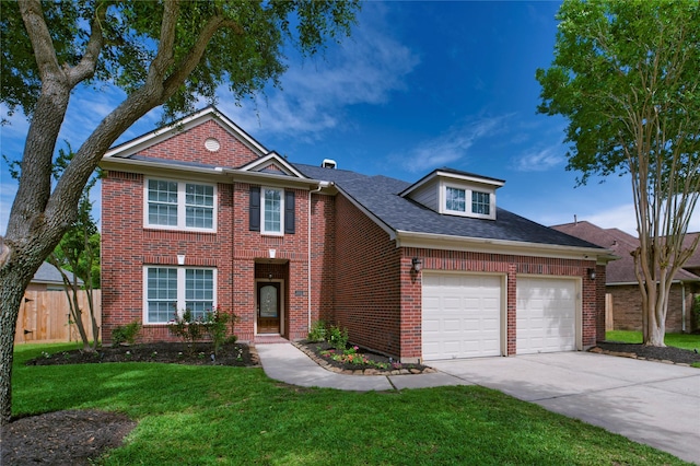 view of front of property featuring driveway, a garage, brick siding, and a shingled roof