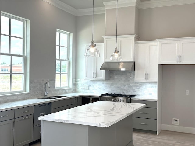 2616 Lake Kolbe Ln, Houston, TX 77080 - kitchen featuring gray cabinetry, under cabinet range hood, a sink, light wood-type flooring, and plenty of natural light
