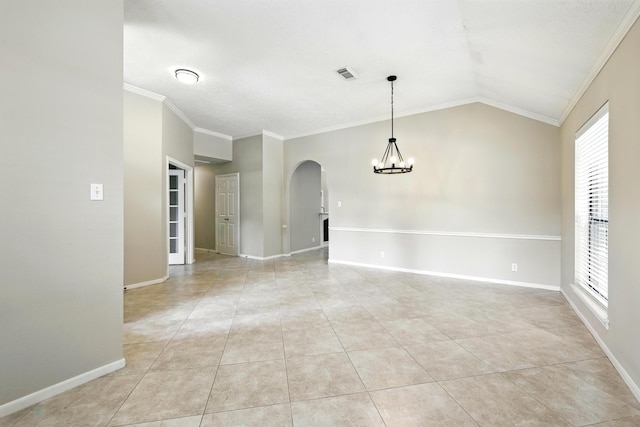 24806 Silver Leaf St, Magnolia, TX 77355 - empty room featuring arched walkways, ornamental molding, a chandelier, healthy amount of natural light, and vaulted ceiling