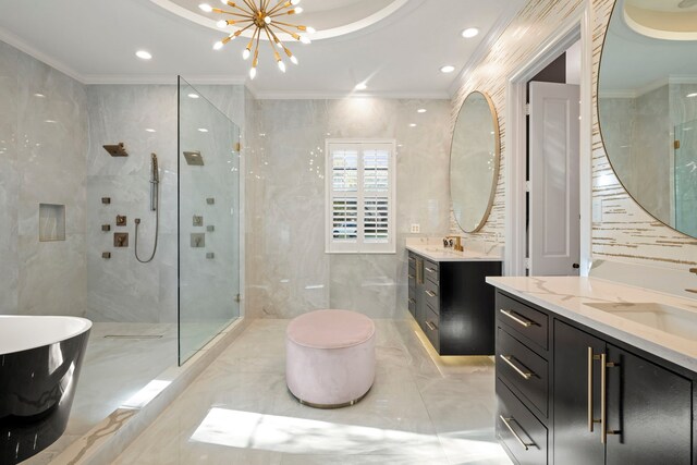 3702 Deerbend Ct, Spring, TX 77386 - full bathroom with marble tiled floors, a walk in shower, crown molding, a chandelier, and two vanities