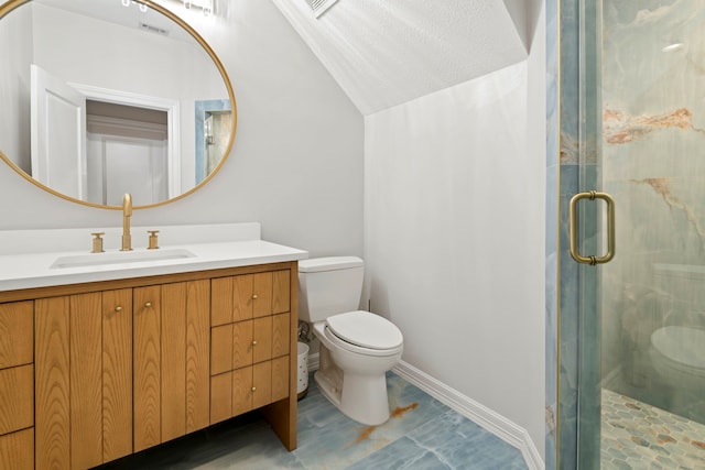 3702 Deerbend Ct, Spring, TX 77386 - bathroom featuring toilet, a stall shower, lofted ceiling, vanity, and baseboards