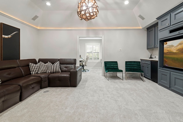 3702 Deerbend Ct, Spring, TX 77386 - living area featuring a tray ceiling, carpet flooring, vaulted ceiling, recessed lighting, and a chandelier