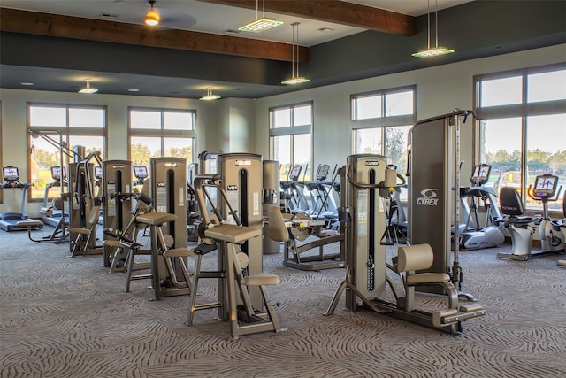 10615 Painted Crescent Ct, Cypress, TX 77433 - workout area with carpet floors and beamed ceiling