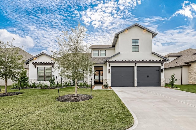 10615 Painted Crescent Ct, Cypress, TX 77433 - view of front of property with french doors, an attached garage, concrete driveway, a front yard, and stucco siding