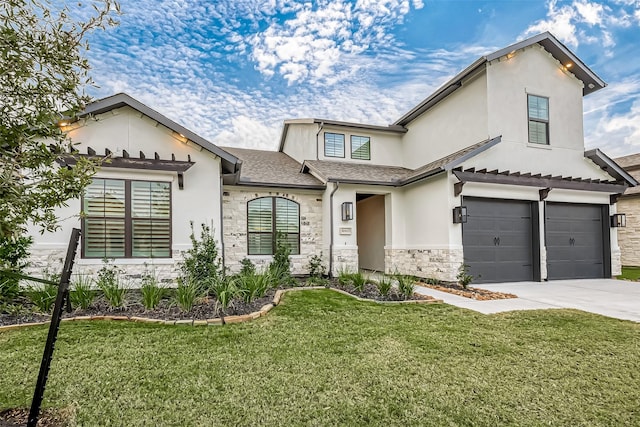 10615 Painted Crescent Ct, Cypress, TX 77433 - view of front of house featuring a garage, stone siding, driveway, a front yard, and stucco siding