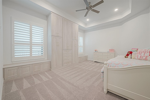 10615 Painted Crescent Ct, Cypress, TX 77433 - bedroom with light carpet, recessed lighting, ornamental molding, multiple windows, and a ceiling fan