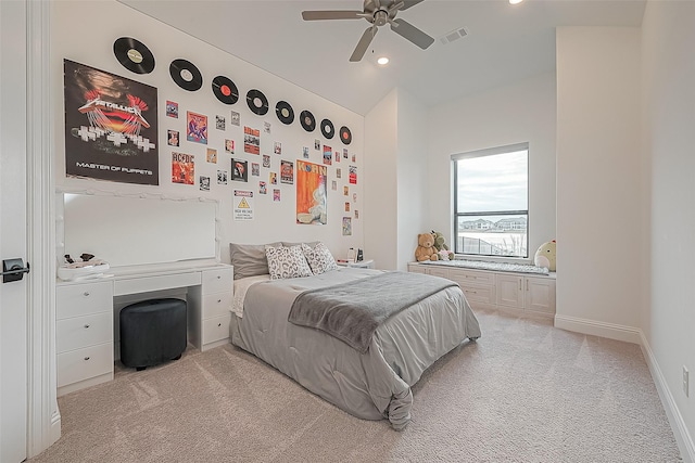 10615 Painted Crescent Ct, Cypress, TX 77433 - bedroom featuring light carpet, lofted ceiling, recessed lighting, baseboards, and a ceiling fan