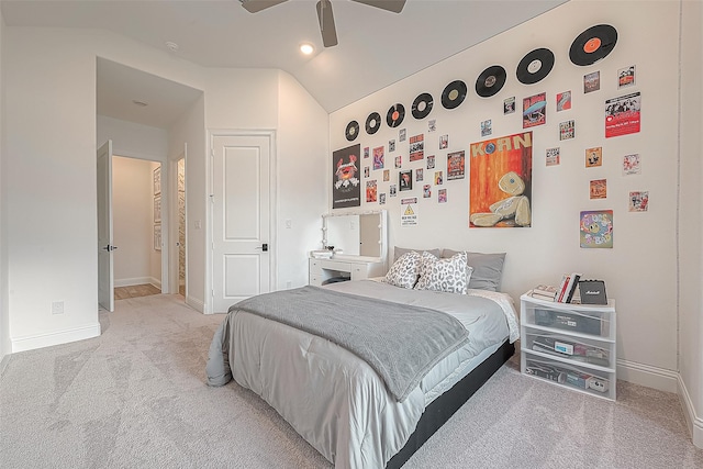 10615 Painted Crescent Ct, Cypress, TX 77433 - bedroom featuring light colored carpet, baseboards, a ceiling fan, vaulted ceiling, and recessed lighting