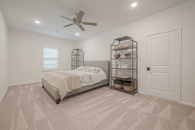 10615 Painted Crescent Ct, Cypress, TX 77433 - bedroom featuring light carpet, baseboards, recessed lighting, and ceiling fan
