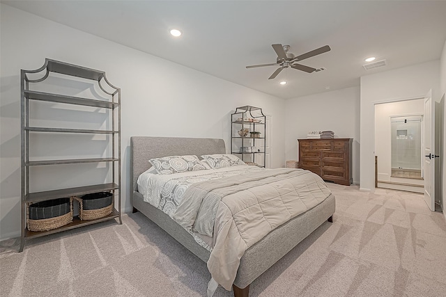 10615 Painted Crescent Ct, Cypress, TX 77433 - bedroom featuring light colored carpet, recessed lighting, ceiling fan, baseboards, and ensuite bathroom