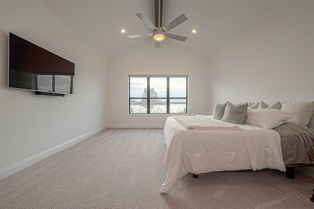 10615 Painted Crescent Ct, Cypress, TX 77433 - bedroom featuring light colored carpet, baseboards, lofted ceiling, ceiling fan, and recessed lighting