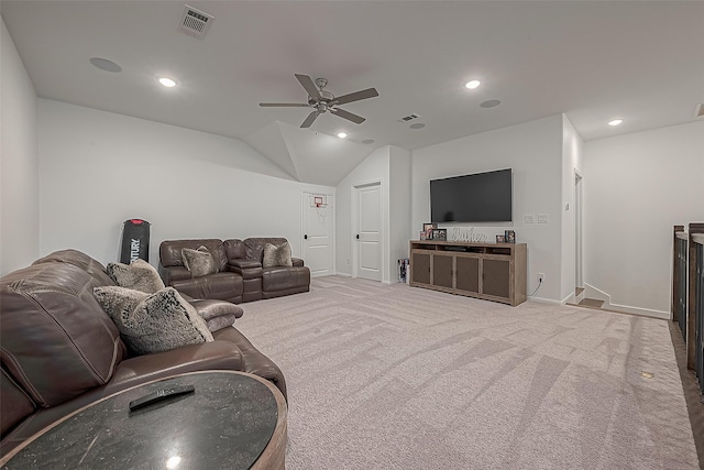 10615 Painted Crescent Ct, Cypress, TX 77433 - carpeted living area with a ceiling fan, recessed lighting, lofted ceiling, and baseboards