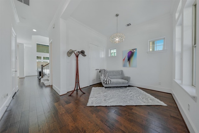 11015 Ayrshire Park Ln, Houston, TX 77043 - unfurnished room featuring ornamental molding, a chandelier, dark wood-type flooring, baseboards, and stairway