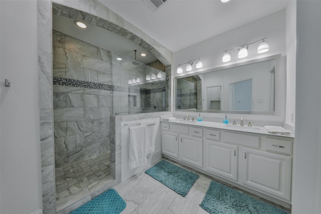 11015 Ayrshire Park Ln, Houston, TX 77043 - full bath featuring a walk in shower, double vanity, marble finish floors, and recessed lighting