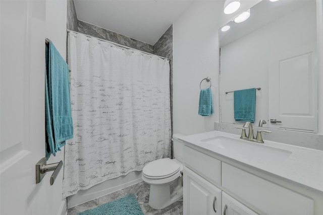 11015 Ayrshire Park Ln, Houston, TX 77043 - bathroom with vanity, toilet, tile patterned floors, and shower / tub combo with curtain