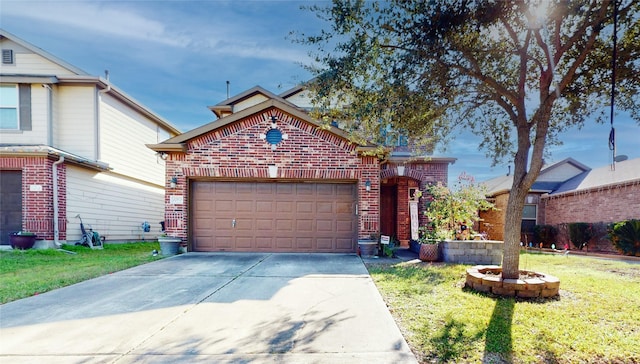 2702 Skyview Moon Dr, Houston, TX 77047 - view of front of home with brick siding, concrete driveway, a garage, and a front lawn