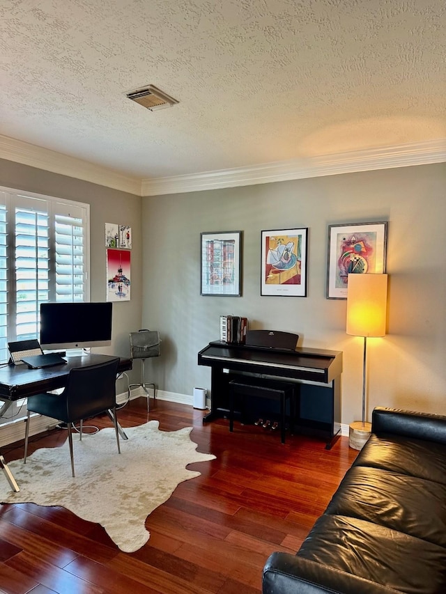 19203 Yearling Mdws, Houston, TX 77094 - sitting room featuring a textured ceiling, ornamental molding, wood finished floors, baseboards, and an office area