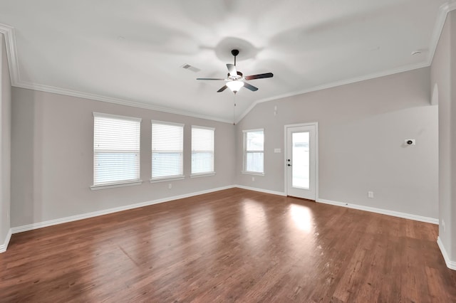 31766 Chapel Rock Ln, Spring, TX 77386 - spare room with a ceiling fan, vaulted ceiling, wood finished floors, baseboards, and ornamental molding