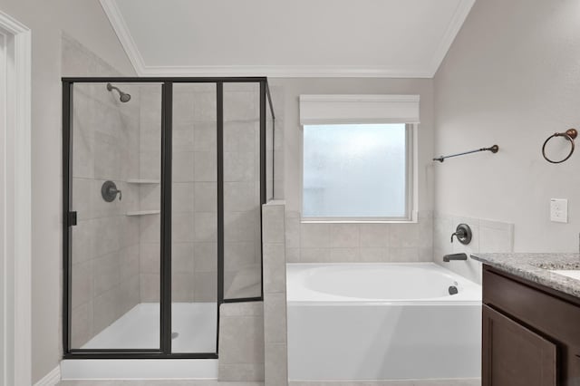 31766 Chapel Rock Ln, Spring, TX 77386 - full bath with a garden tub, a shower stall, vanity, and ornamental molding
