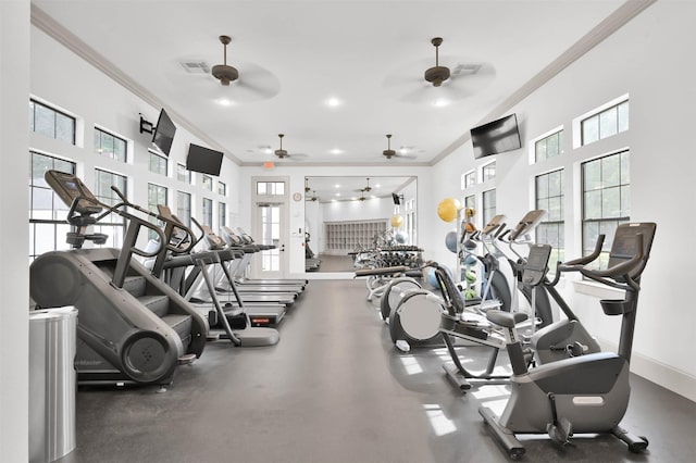 31766 Chapel Rock Ln, Spring, TX 77386 - exercise room featuring ceiling fan, ornamental molding, baseboards, and recessed lighting