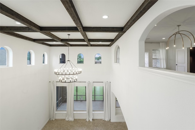 18011 Stari Most Ln, Houston, TX 77044 - stairway featuring beamed ceiling, coffered ceiling, a chandelier, recessed lighting, and baseboards