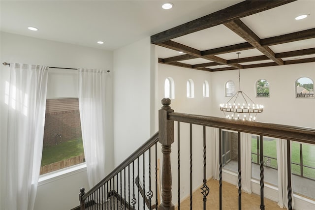 18011 Stari Most Ln, Houston, TX 77044 - hallway with a chandelier, coffered ceiling, beamed ceiling, recessed lighting, and an upstairs landing