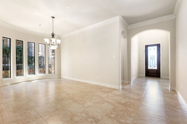 32 Evangeline Blvd, Conroe, TX 77304 - entrance foyer with arched walkways, a chandelier, crown molding, light tile patterned floors, and baseboards