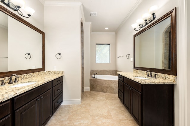32 Evangeline Blvd, Conroe, TX 77304 - bathroom featuring a garden tub, two vanities, crown molding, and baseboards