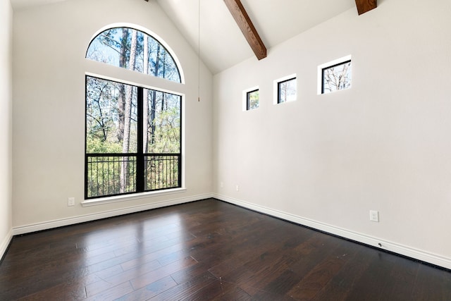 32 Evangeline Blvd, Conroe, TX 77304 - empty room featuring healthy amount of natural light, beamed ceiling, dark wood-style floors, baseboards, and high vaulted ceiling
