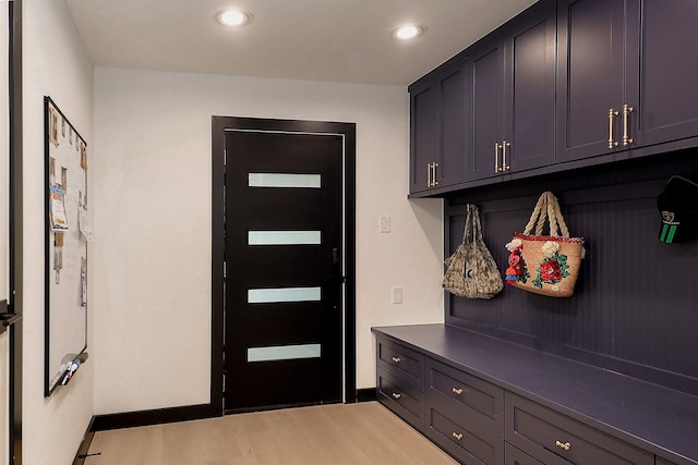 15232 Saddlewood Dr, Conroe, TX 77384 - mudroom with light wood-style flooring, recessed lighting, and baseboards