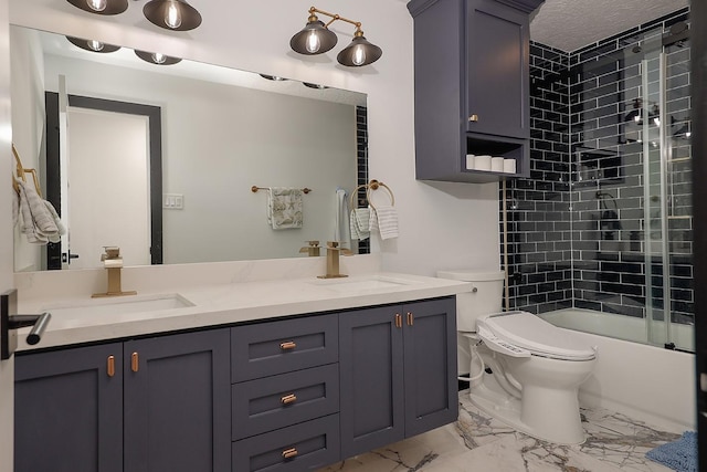 15232 Saddlewood Dr, Conroe, TX 77384 - full bath featuring marble finish floors, toilet, double vanity, and washtub / shower combination