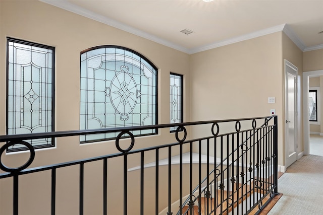2019 Driscoll St Unit B, Houston, TX 77019 - corridor featuring carpet flooring, ornamental molding, baseboards, and an upstairs landing