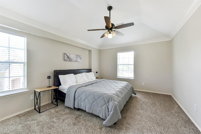 17006 Valley Palms Dr, Spring, TX 77379 - carpeted bedroom with multiple windows, crown molding, baseboards, lofted ceiling, and a ceiling fan
