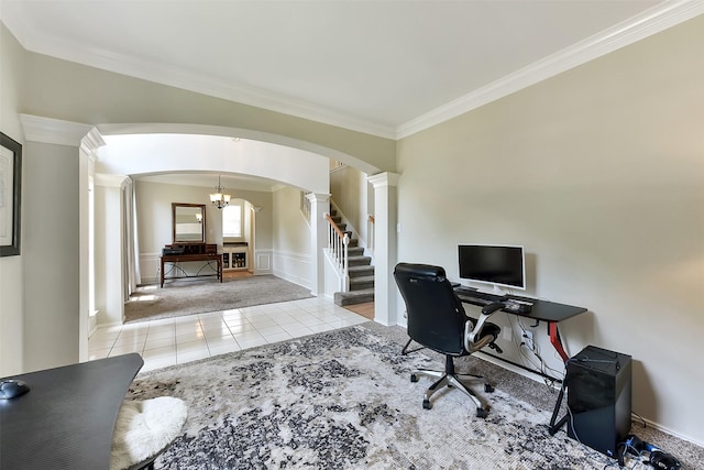 17006 Valley Palms Dr, Spring, TX 77379 - tiled office space with arched walkways, decorative columns, crown molding, baseboards, and a chandelier