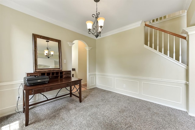 17006 Valley Palms Dr, Spring, TX 77379 - office with decorative columns, a chandelier, carpet, arched walkways, and wainscoting