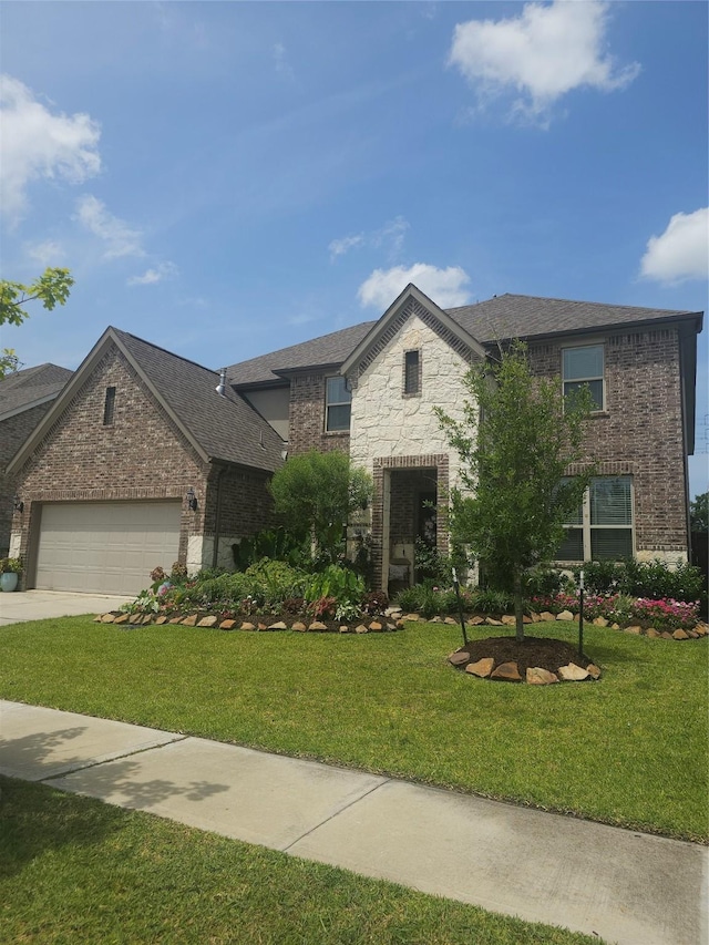 1013 Goose Creek St, Webster, TX 77598 - french provincial home with brick siding, an attached garage, a front lawn, and concrete driveway