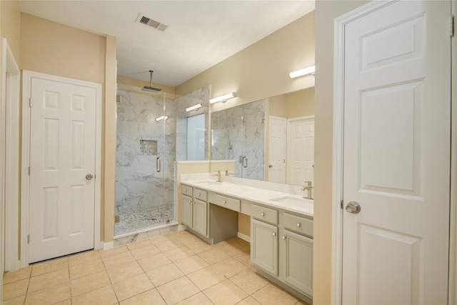 10900 Spruce Dr N, La Porte, TX 77571 - bathroom featuring a marble finish shower, tile patterned floors, and double vanity