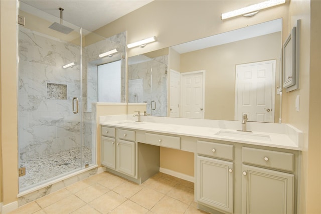 10900 Spruce Dr N, La Porte, TX 77571 - bathroom with a marble finish shower, double vanity, and tile patterned floors