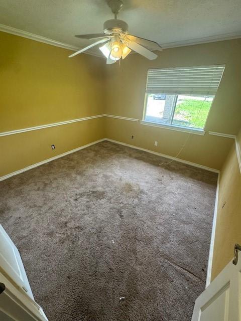 carpeted spare room featuring crown molding, baseboards, and a ceiling fan