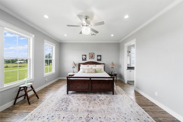 3785 County Road 405, Anderson, TX 77830 - bedroom with ornamental molding, recessed lighting, light wood-type flooring, baseboards, and ensuite bathroom